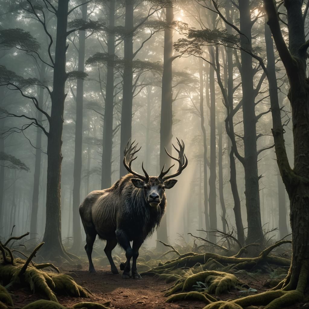 Majestic Creature Emerges from Misty Forest, Cinematic Style