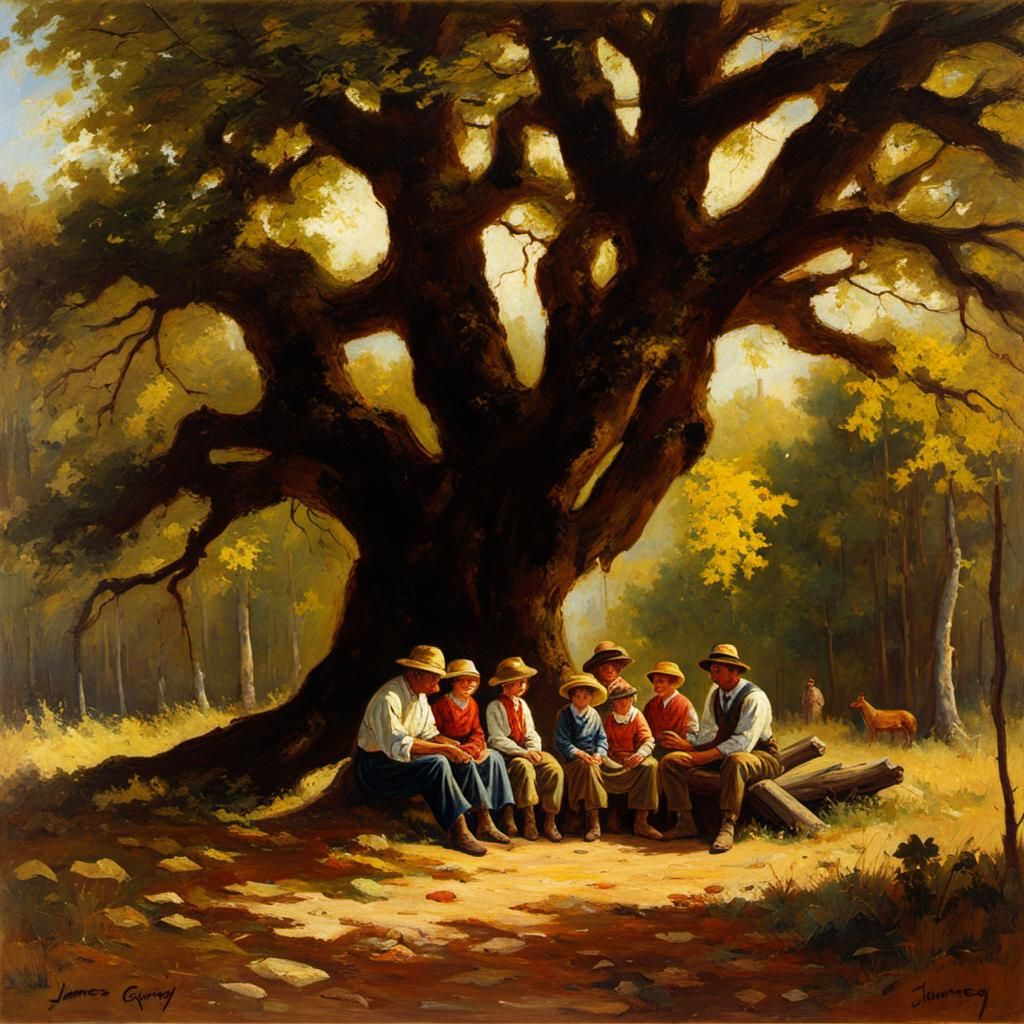 Family Under Tree: Oil Painting by James Gurney