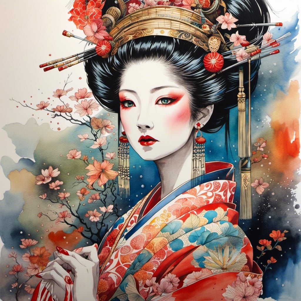 Oiran in Watercolor Style