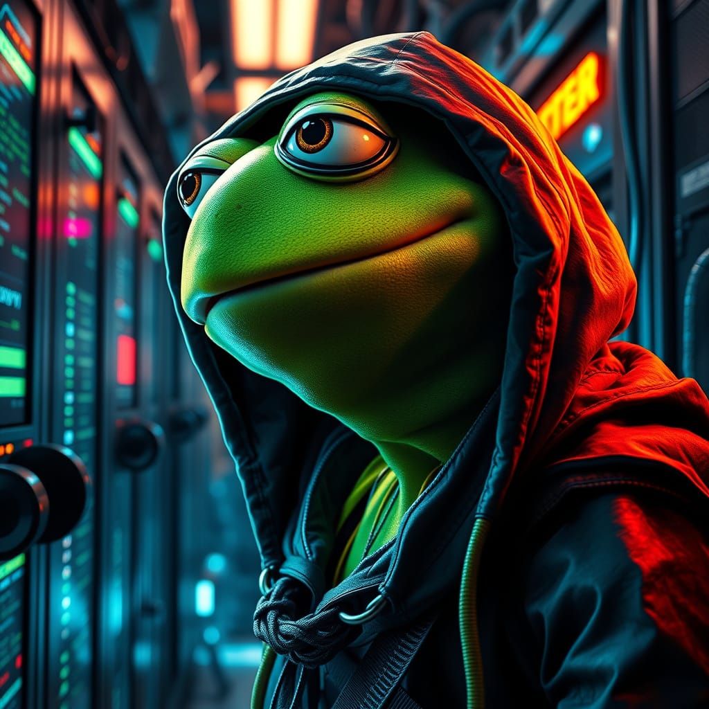 Hyperrealistic Cyberpunk Frog Hacker in Neon-Lit Server Room