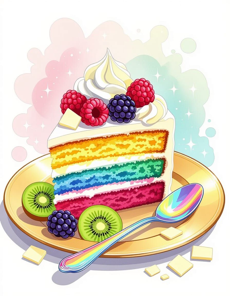 Rainbow Cake with Berries in Whimsical Style