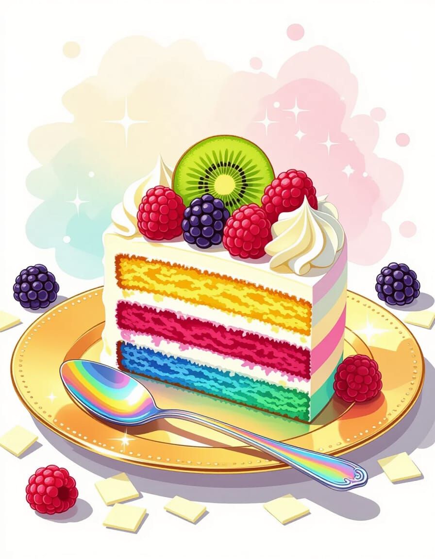 Rainbow Cake with Berries in Surreal Folk Art Style