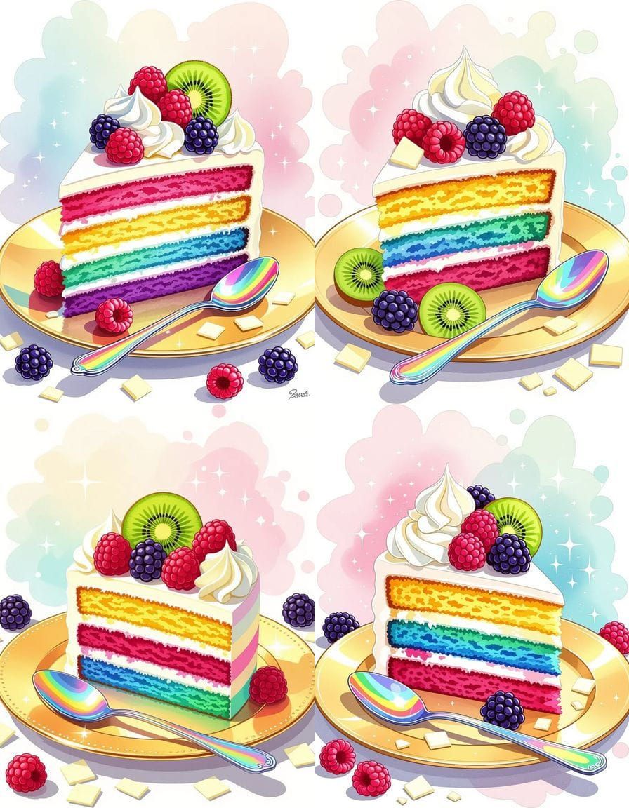 Rainbow Cake with Berries in Whimsical Style