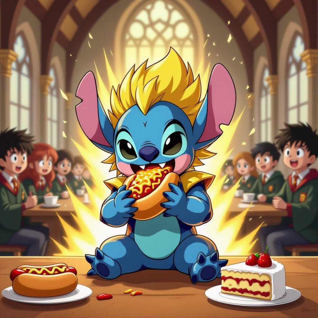 Stitch as Super Saiyan Eats Chili Dog at Hogwarts