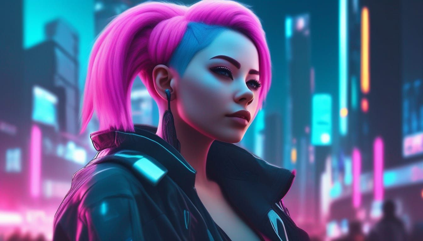 Futuristic Cyberpunk Lady in Neon Cityscape
