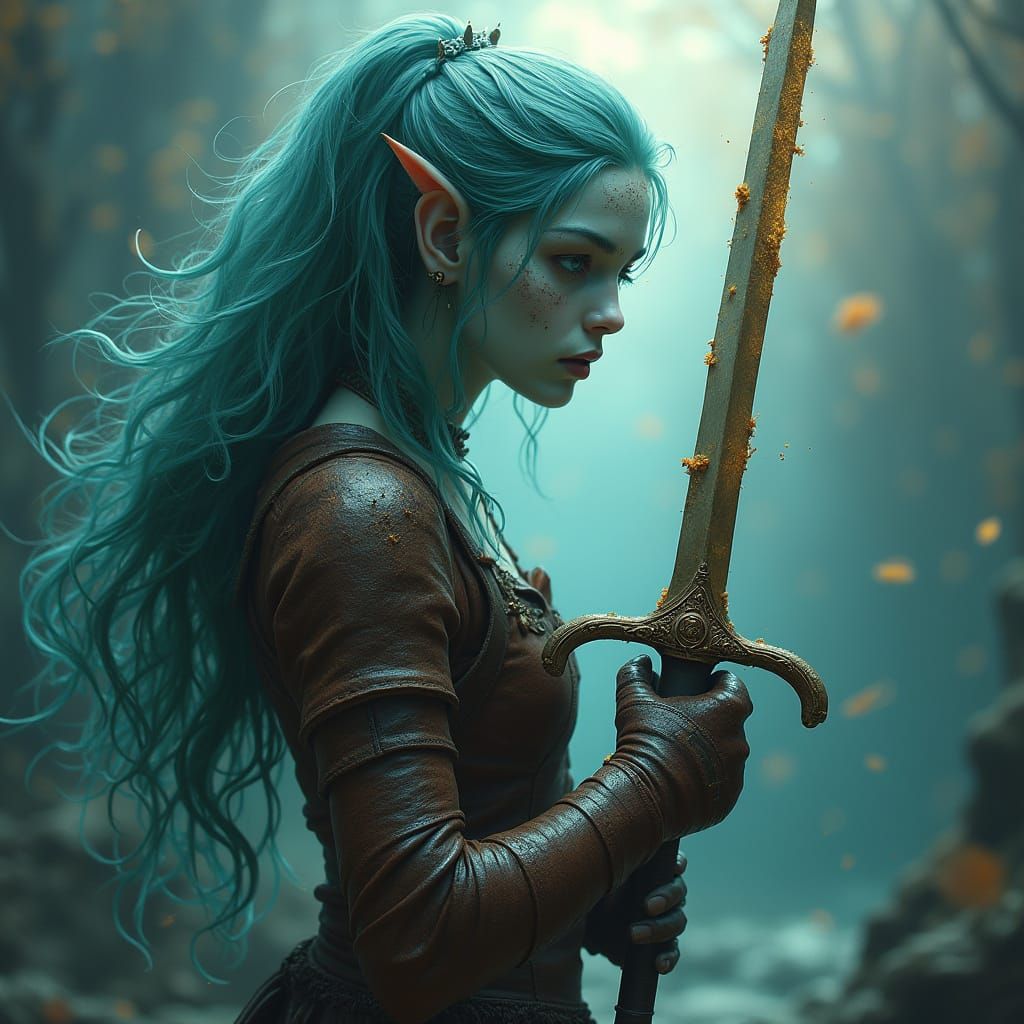 Pale Blue Skinned Undine Pirate in Weathered Leather Armor