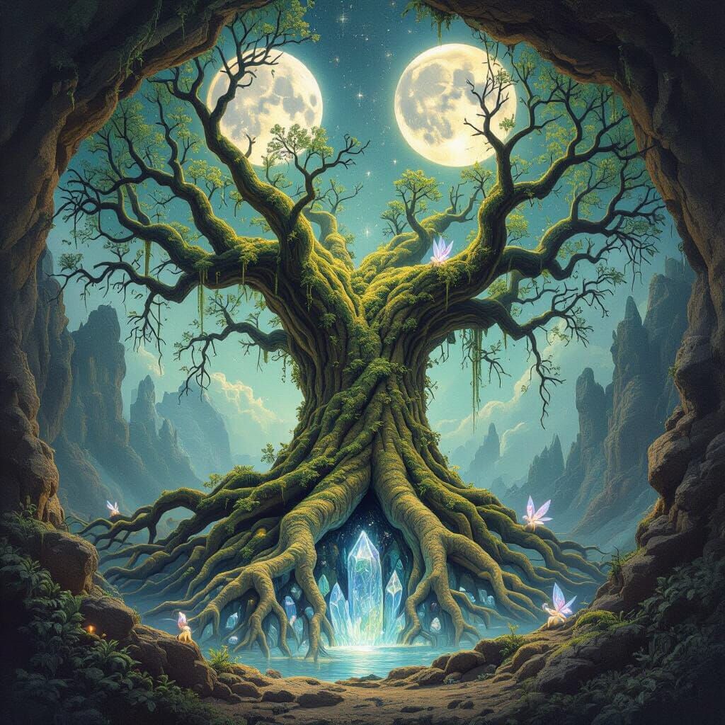 Ancient Tree with Crystal Cavern and Twin Moons