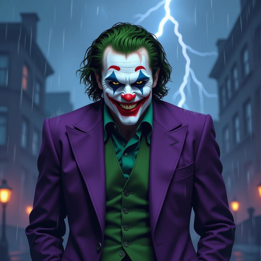 Gothic Joker Laughing in Rainstorm with Lightning