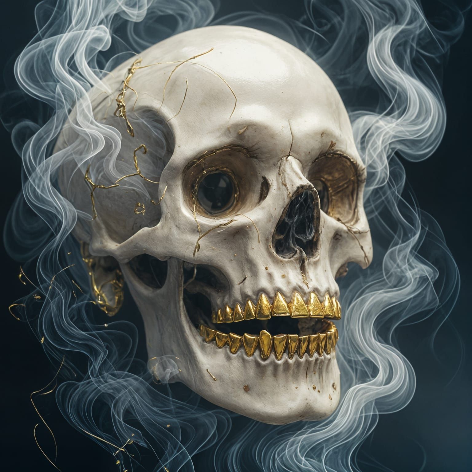 Skull with Gold Teeth and Surrounding Smoke
