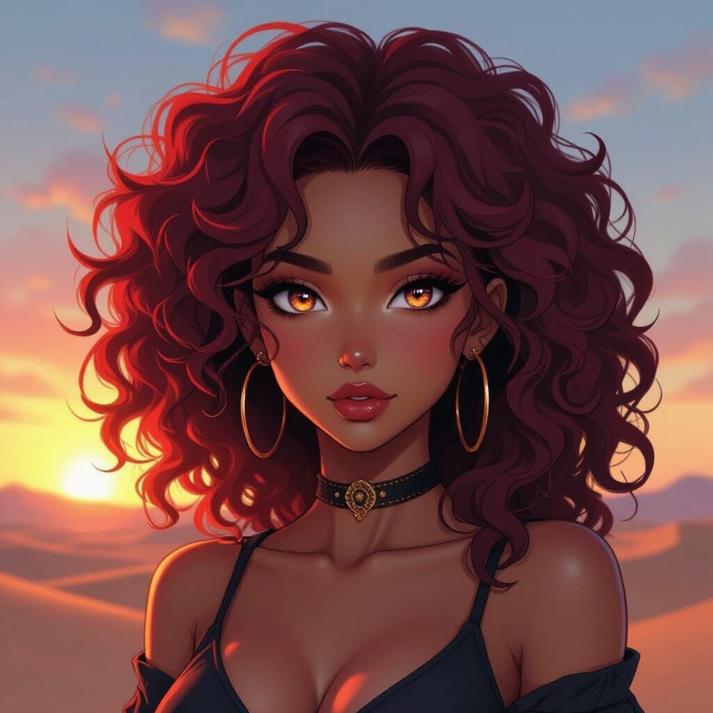 Arab Anime Character with Red Curls at Sunset
