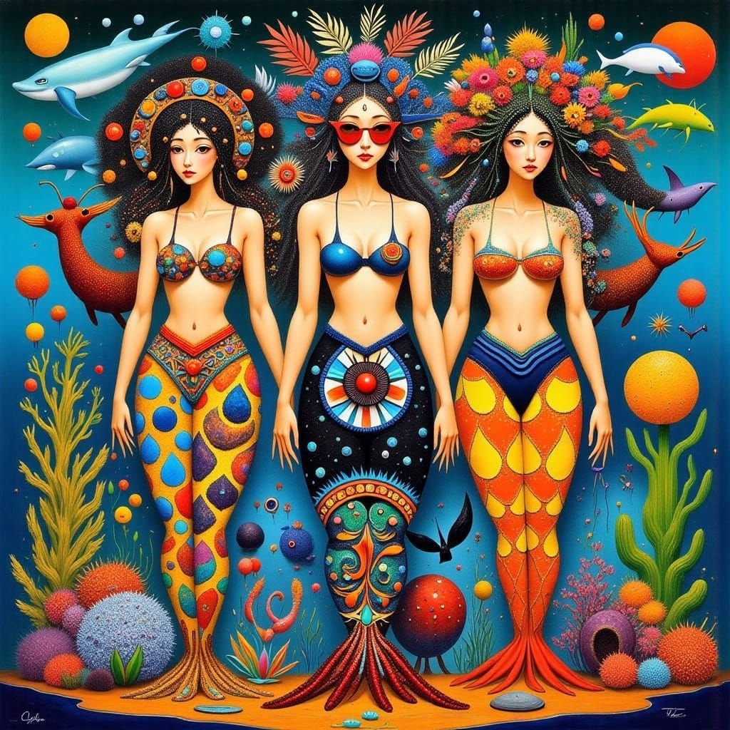 Three Mermaids in Vibrant Oceanic Wonderland with Bauhaus Ae...