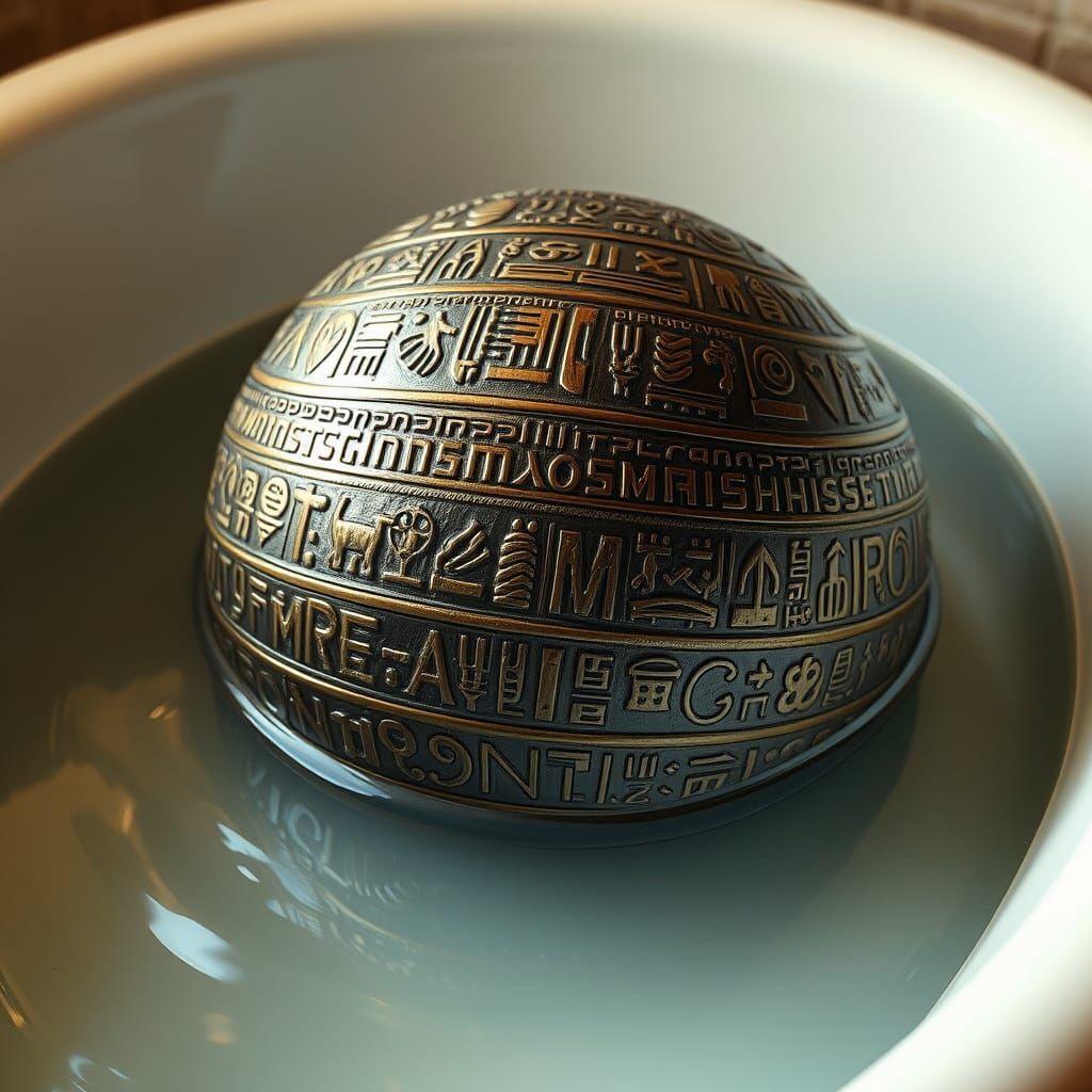 Hyperrealistic Bronze Sphere in Vintage Porcelain Tub