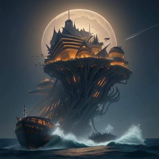 Colossal Crab City Crawls Across Moonlit Sea