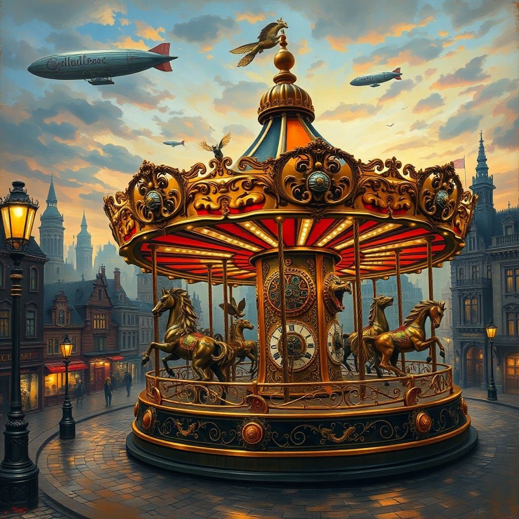 Steampunk Clockwork Carousel in Twilight Cityscape