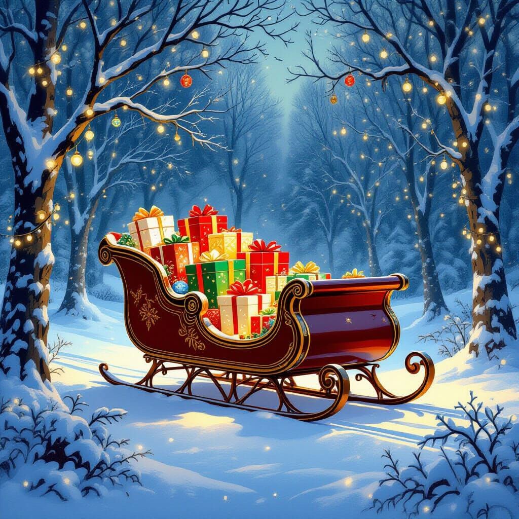 Vintage Sleigh Laden With Gifts in Whimsical Forest