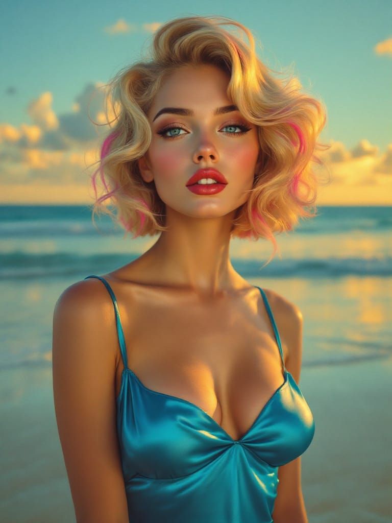 Pin-Up Woman in Cyan Dress with Pink Hair, Nostalgic Glow