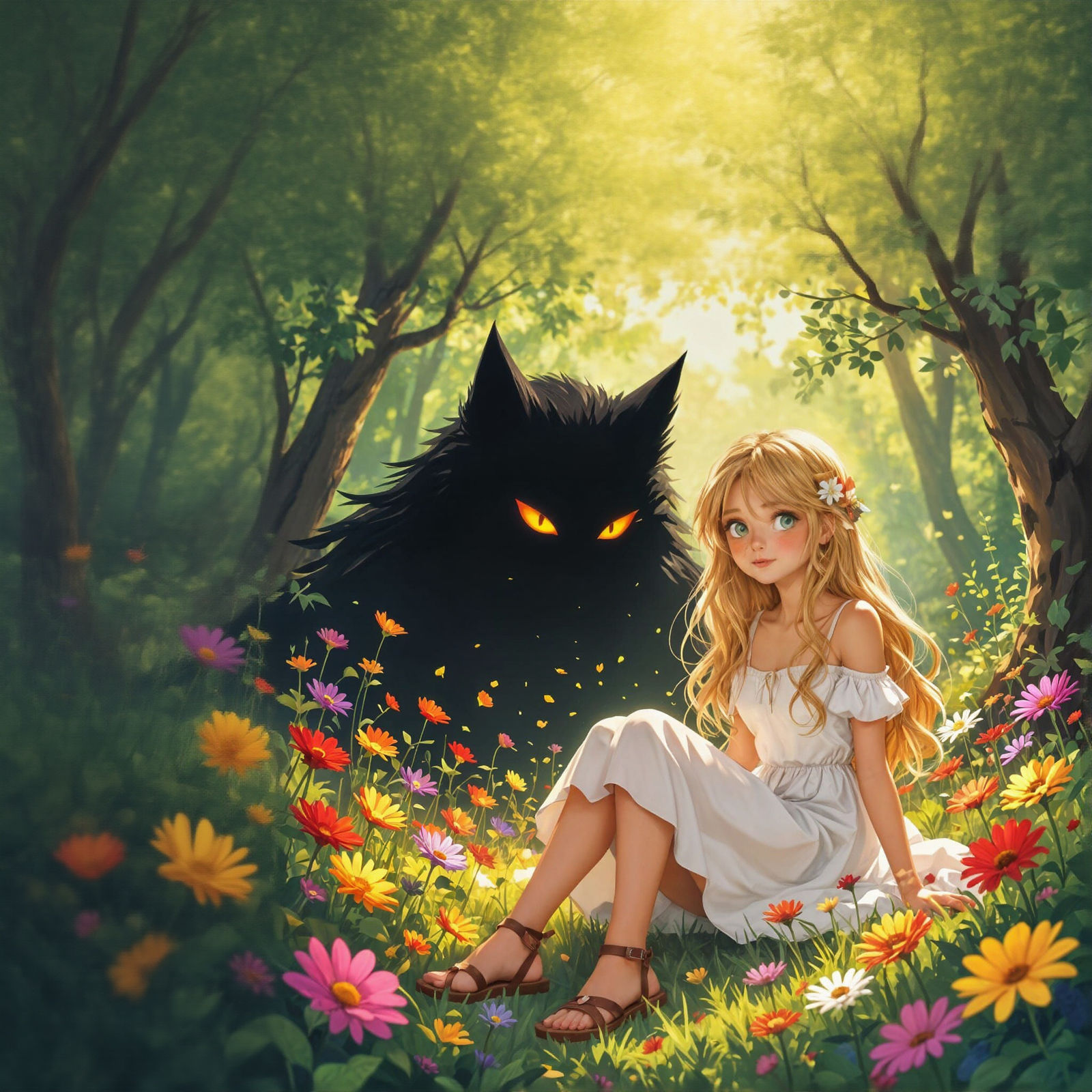 Girl in Rainbow Flower Forest Facing Darkness