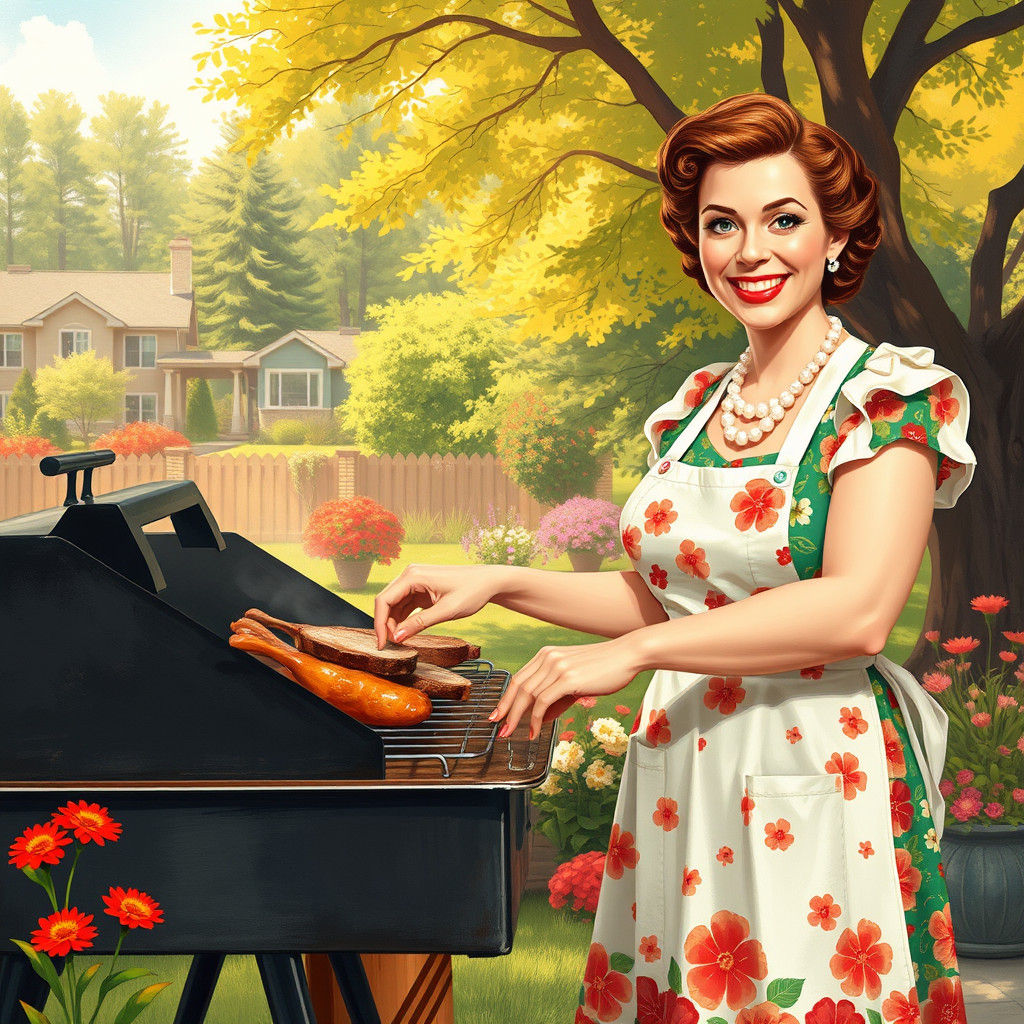 1950s Homemaker BBQ in Gouache Painting Style