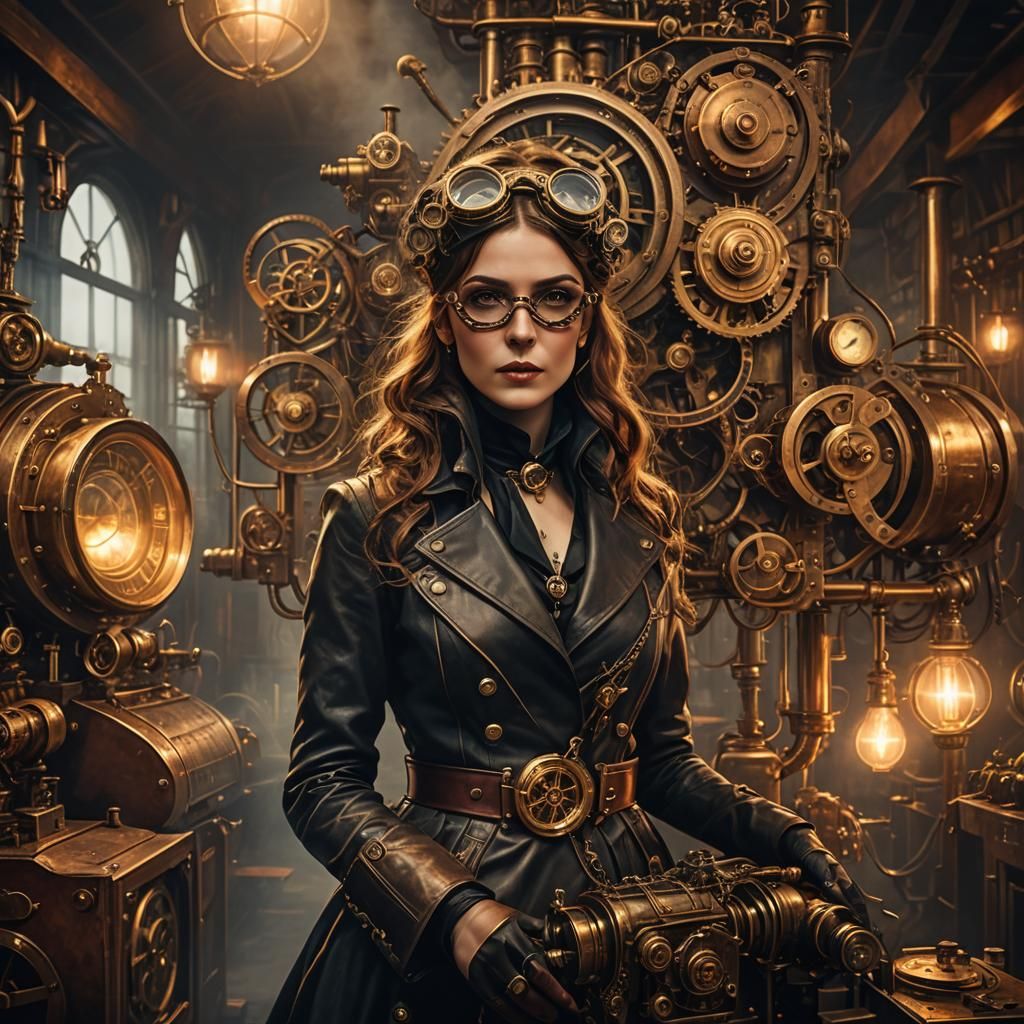 Steampunk Woman with Engine and Tarot Card
