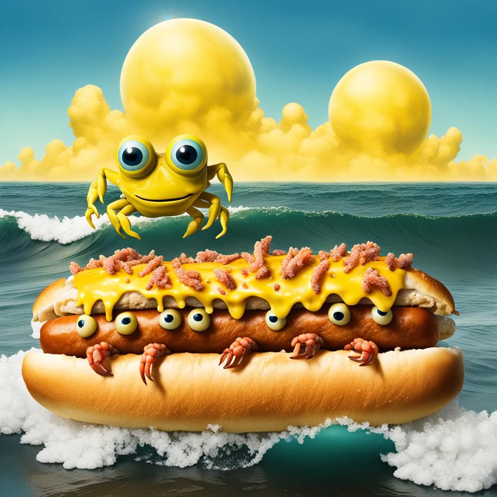 Surreal Crab Monsters Surfing Hotdogs in Yellow Sky