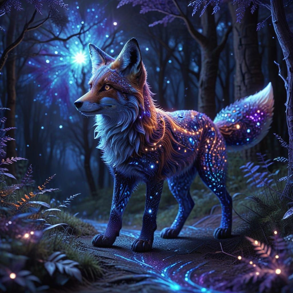 Fox Walks Under Star in Abstract Fractal Forest