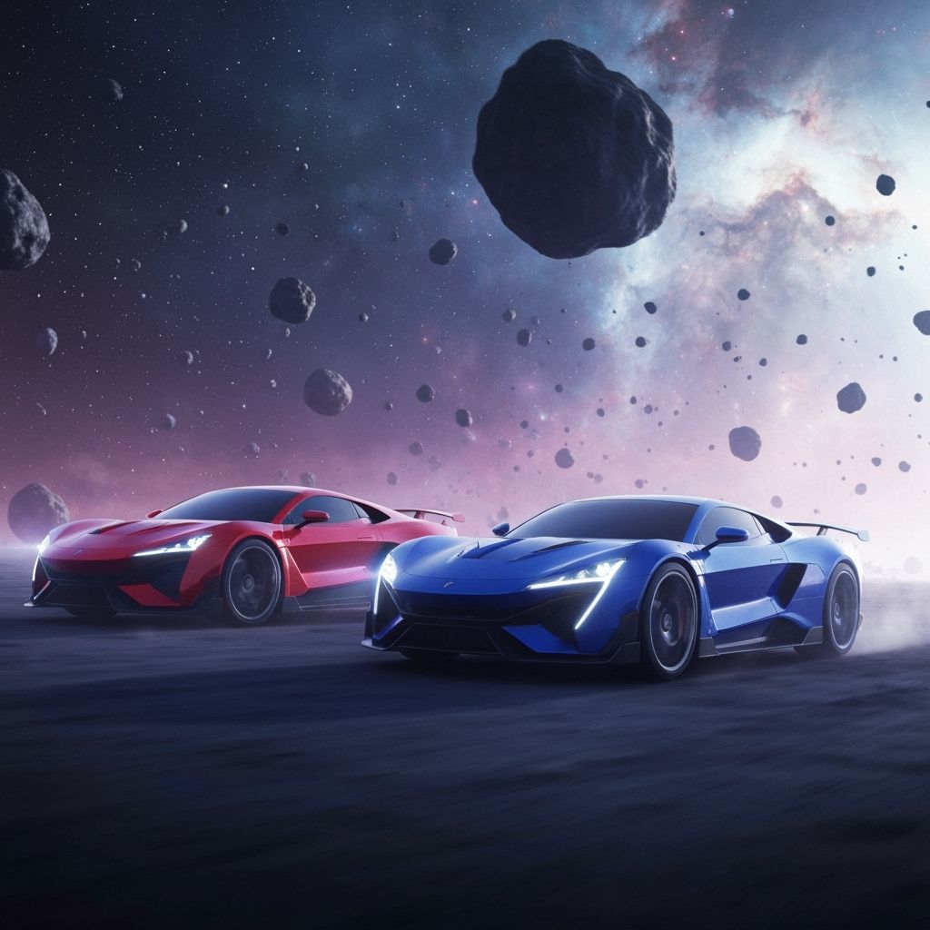 Futuristic Cars Racing Across Asteroid Field