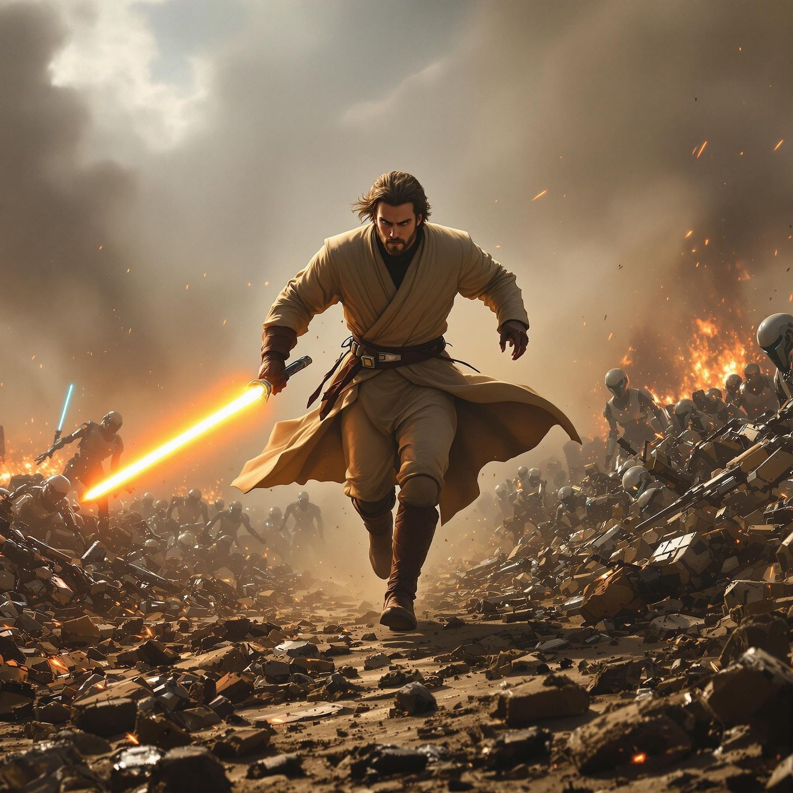Dramatic Jedi Warrior Charging Through Devastated Battlefiel...