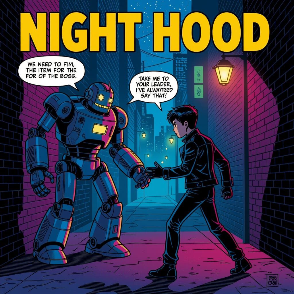Teen Hero Faces Robot in Dark Alley Comic Art