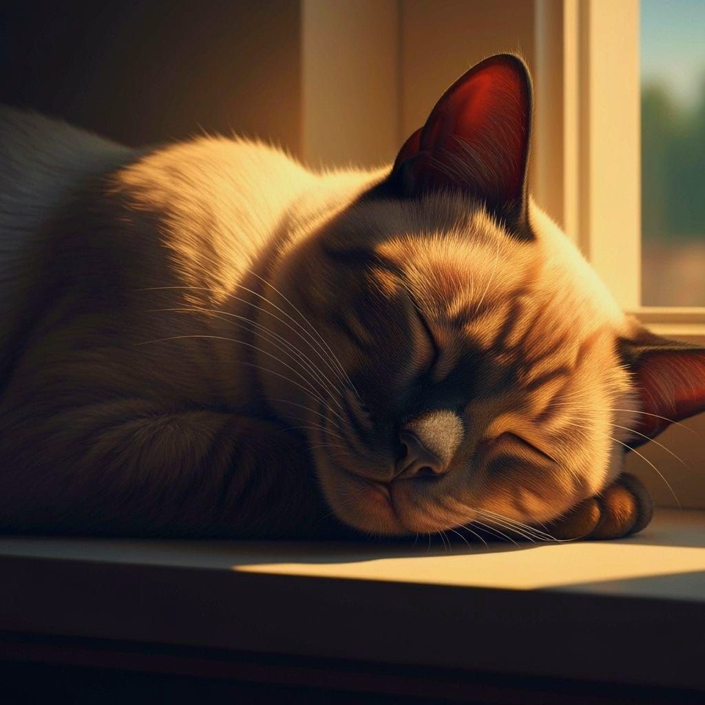 Siamese Cat Sleeping in Sunbeam Photorealistic Style