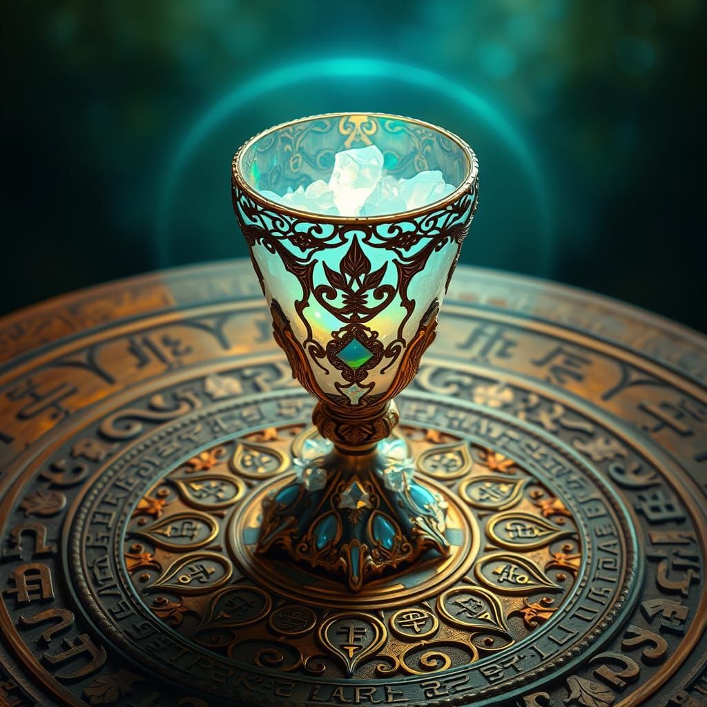 Ethereal Chalice in Opal and Crystal, Illuminated by Soft Bl...