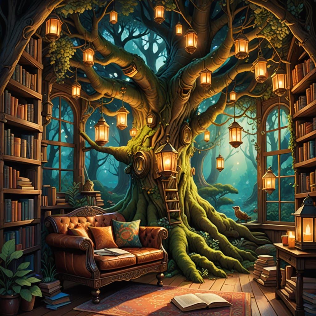 A whimsical treehouse reading nook, built into the branches ...