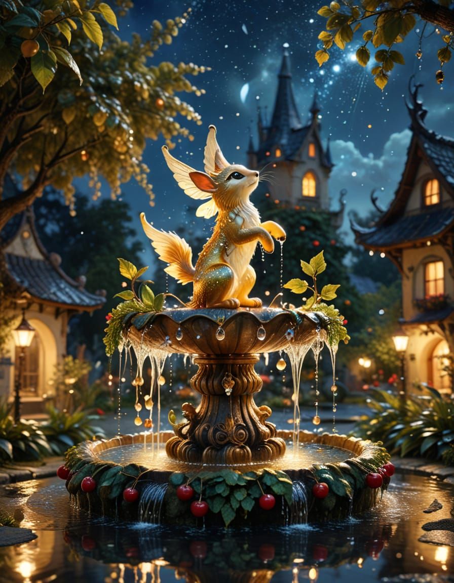 Surreal Cherry Fountain with Whimsical Creatures