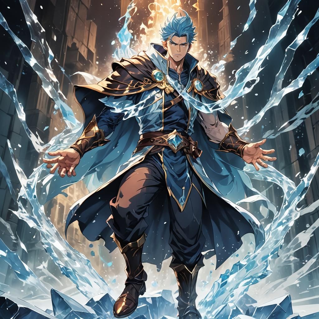 Young Wizard Casting Ice Magic in Anime Style