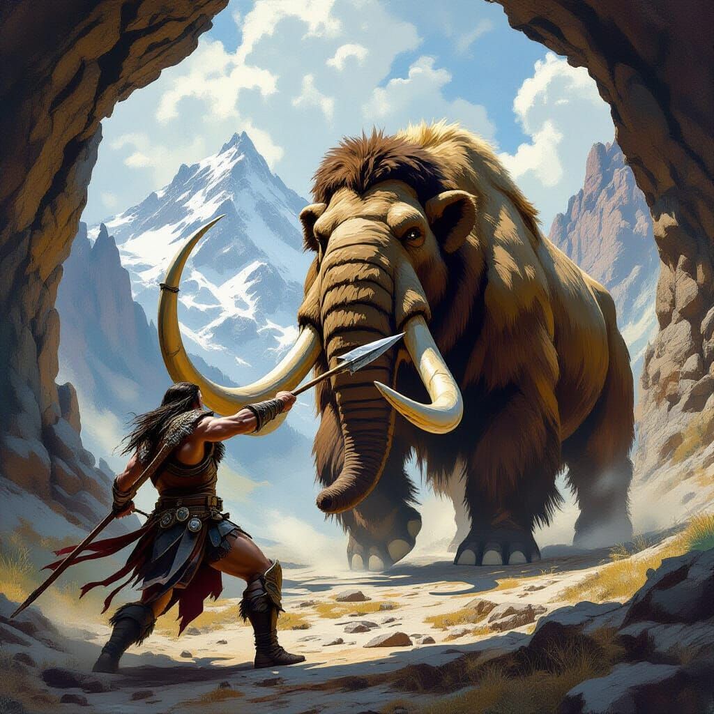 Warrior Battles Mammoth in a Frazetta Style