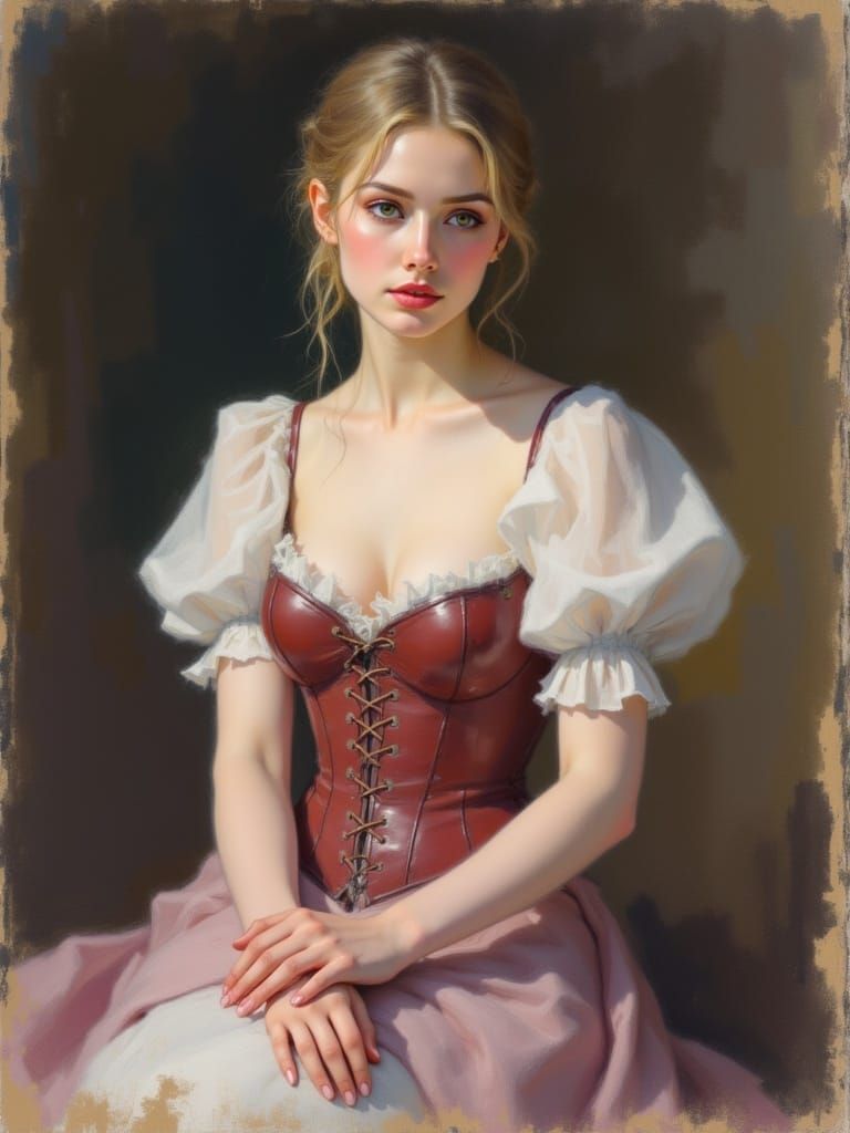 Graceful Woman in Crimson Corset, Soft Pastel Sketch