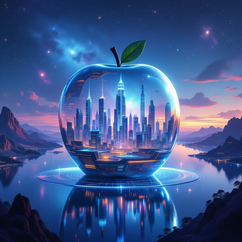 Bioluminescent City Inside Space Apple, Digital Matte Painti...
