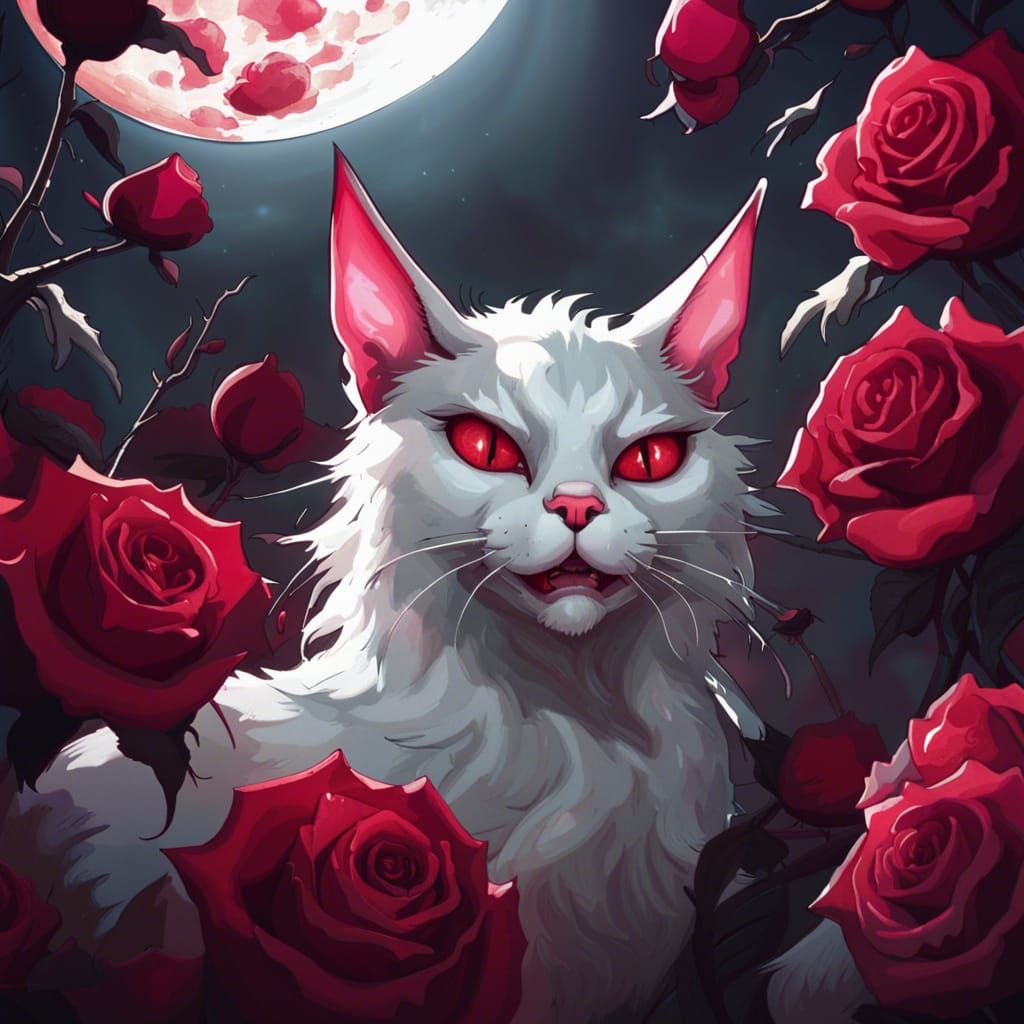 Gothic Horror Cartoon Cat in Crimson Rose Garden