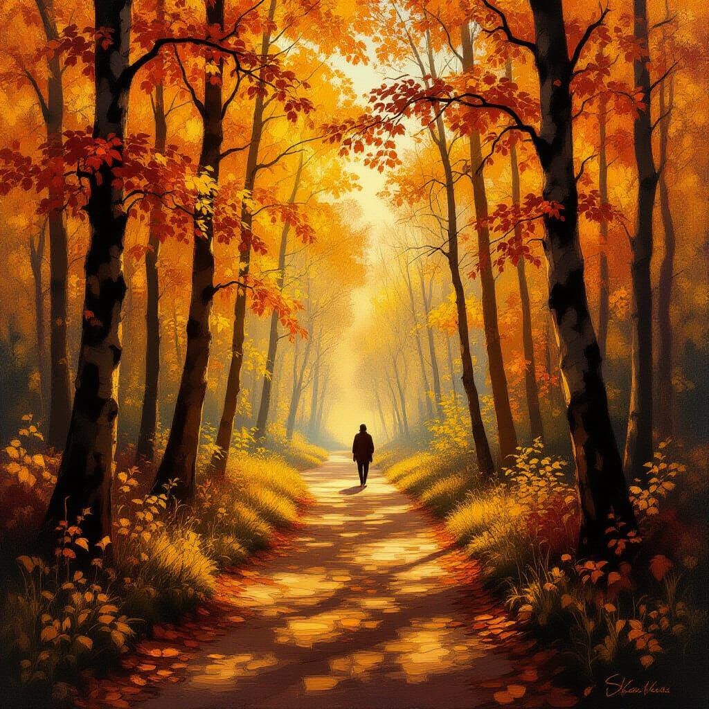 Golden Autumn Forest Path Impressionist Oil Painting