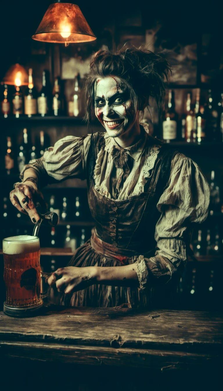 Sinister Barmaid Serves Beer with an Evil Smile