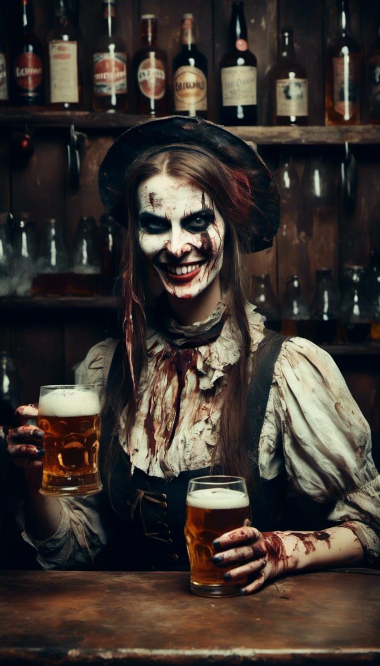 Evil Barmaid Serving Beer with Macabre Smile