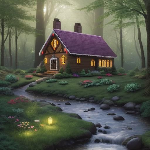 Colorful Gingerbread House in Misty Forest at Dawn