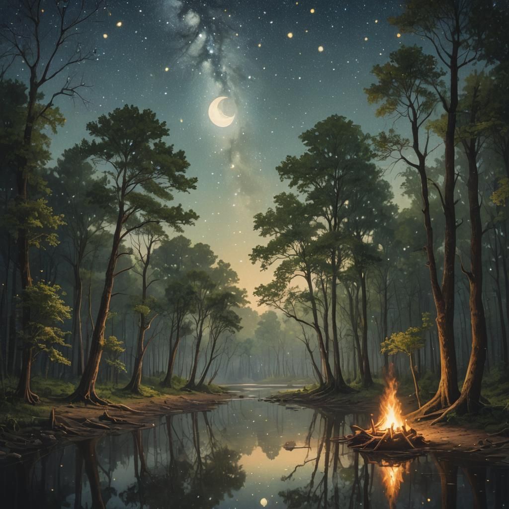 Riverside Camp Under a Starry Sky