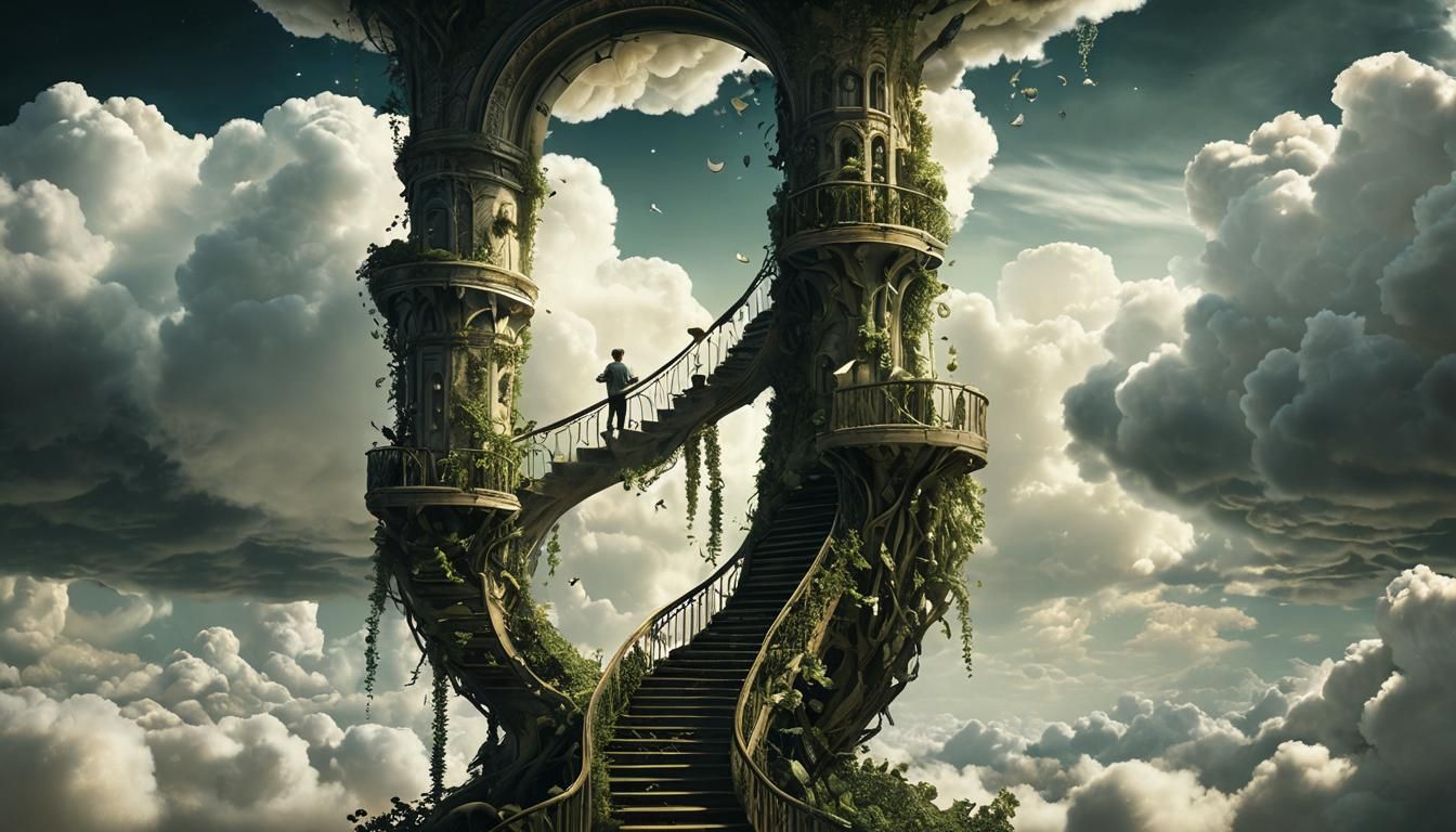 Boy Climbing Beanstalk to Cloud Portal, Surrealist Oil Paint...