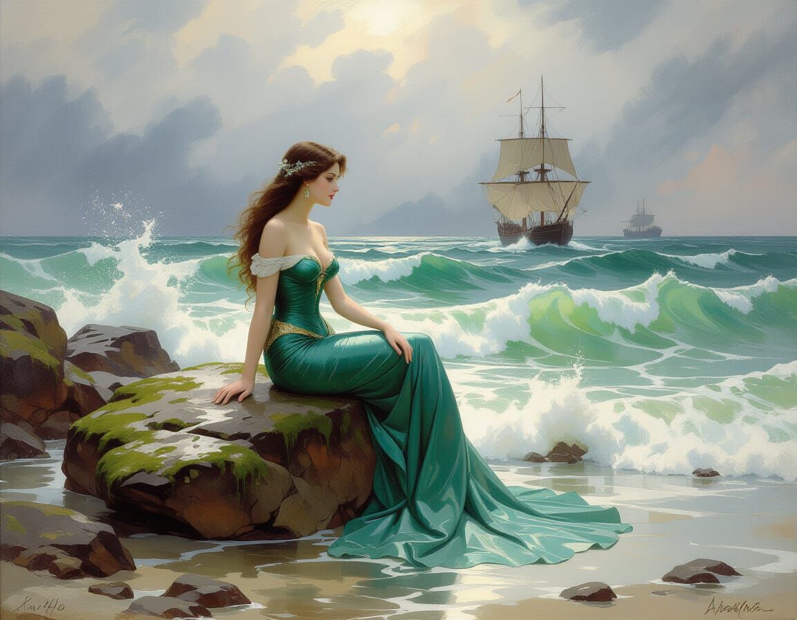 Mermaid on Stormy Shore: A Romantic Maritime Scene
