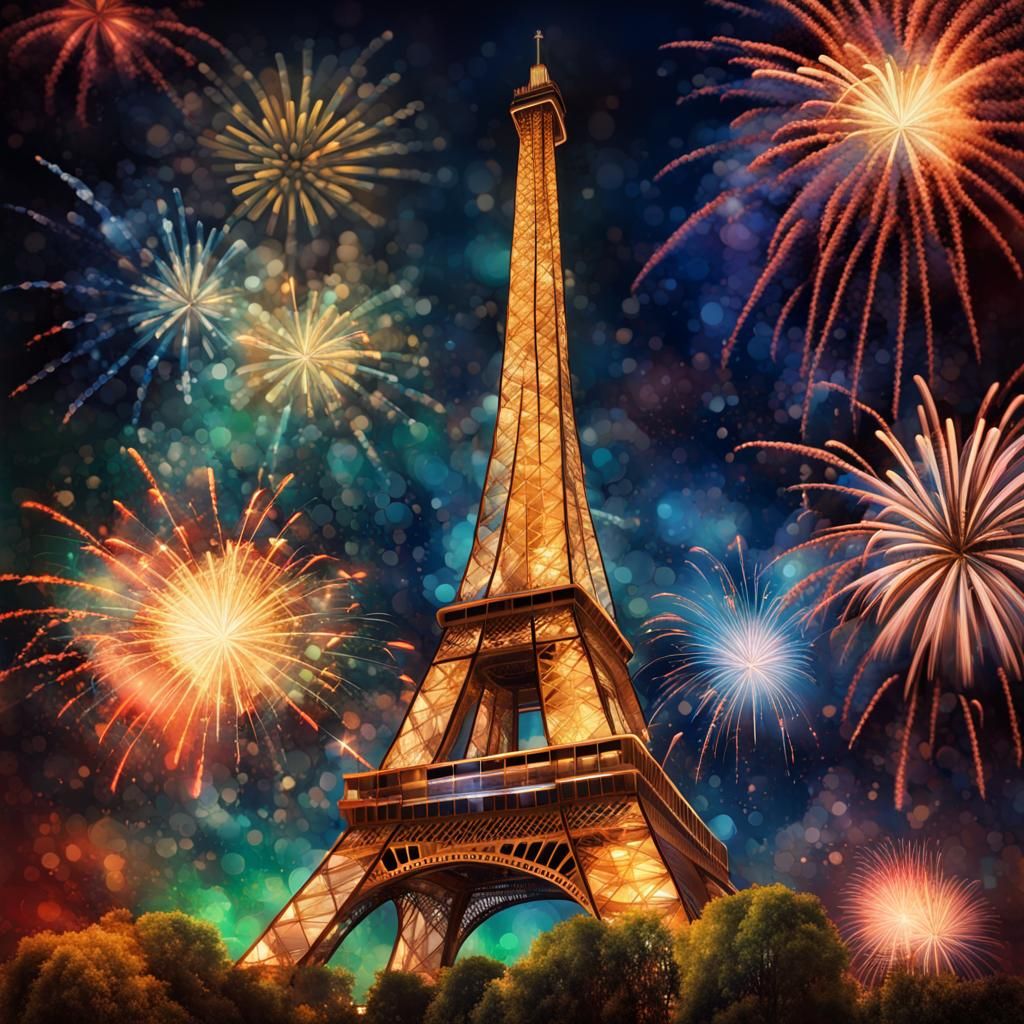 Eiffel Tower Fireworks in Stained Glass Style