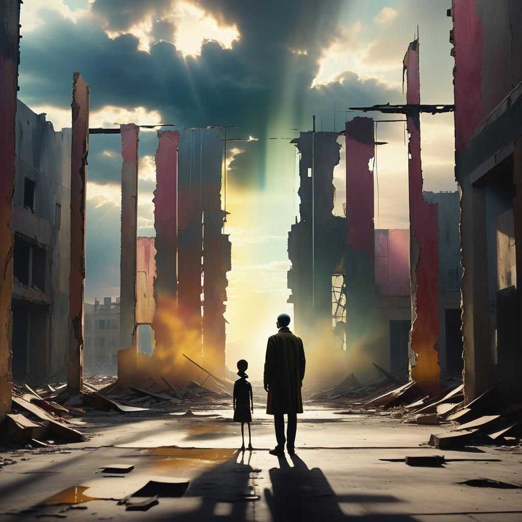 Surreal Ruined Cityscape with Figure in Sunlight