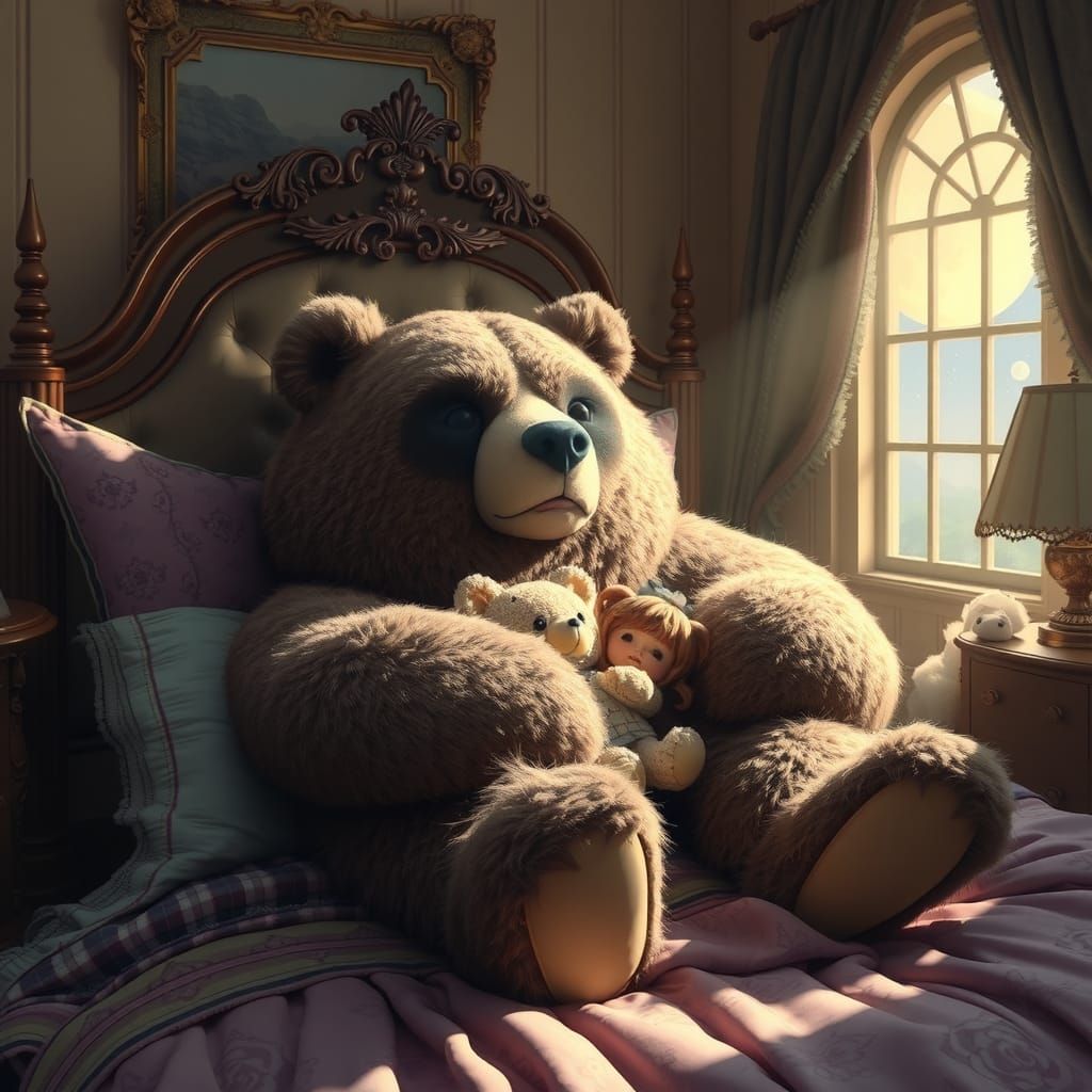 Giant Bear Cradling Doll in Dreamy Pastel Light