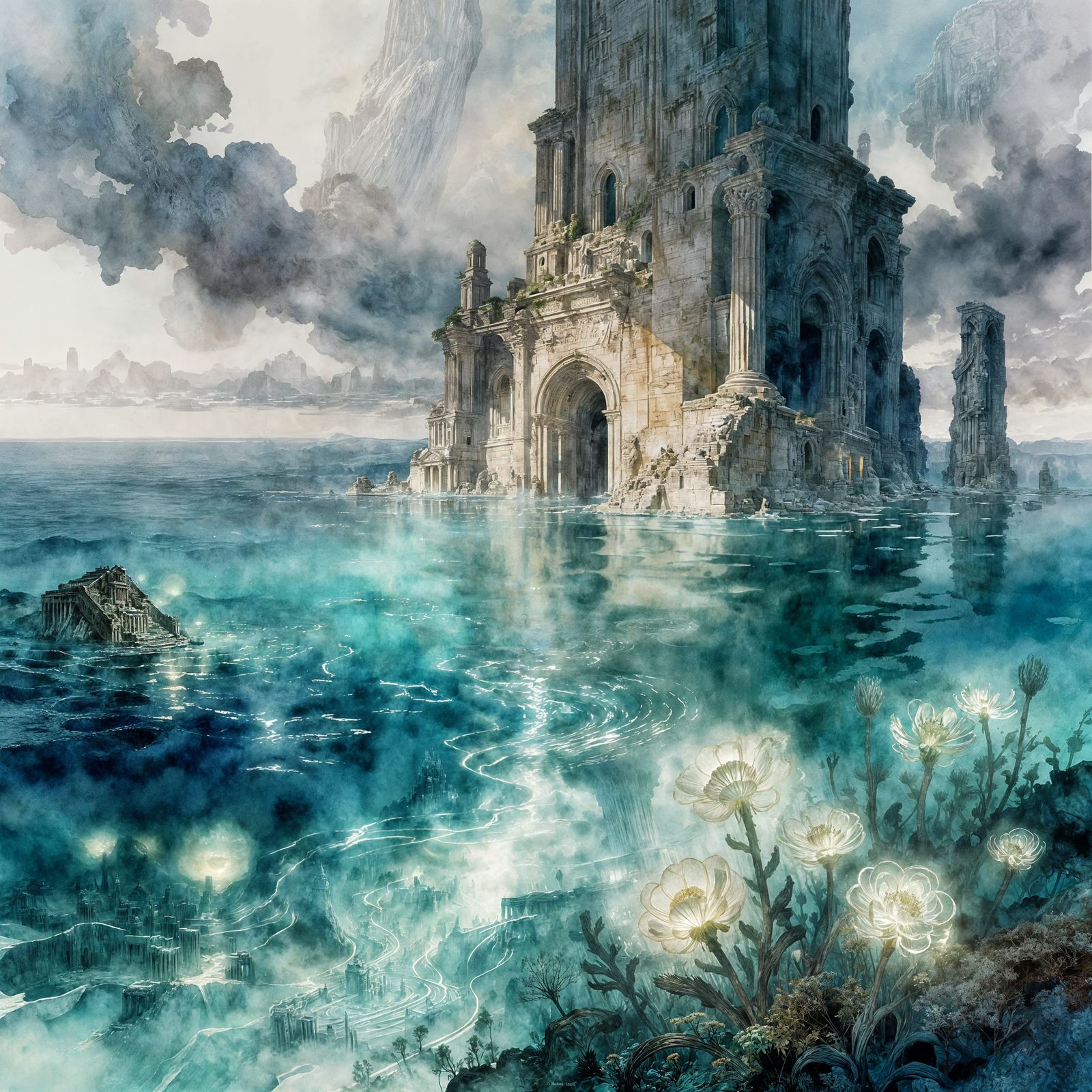 Forgotten City in Ethereal Sea with Luminescent Flowers
