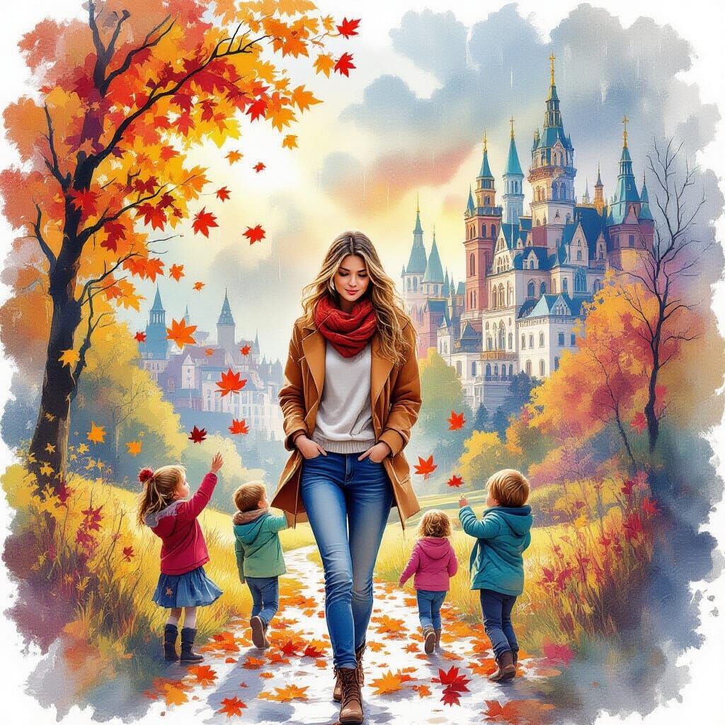 Double Exposure Watercolor: Woman and Autumn Landscape Merge...