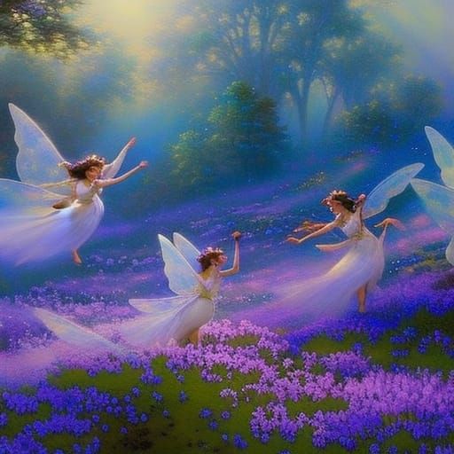 Fairies Dancing Amongst Blue Flowers in Ethereal Style